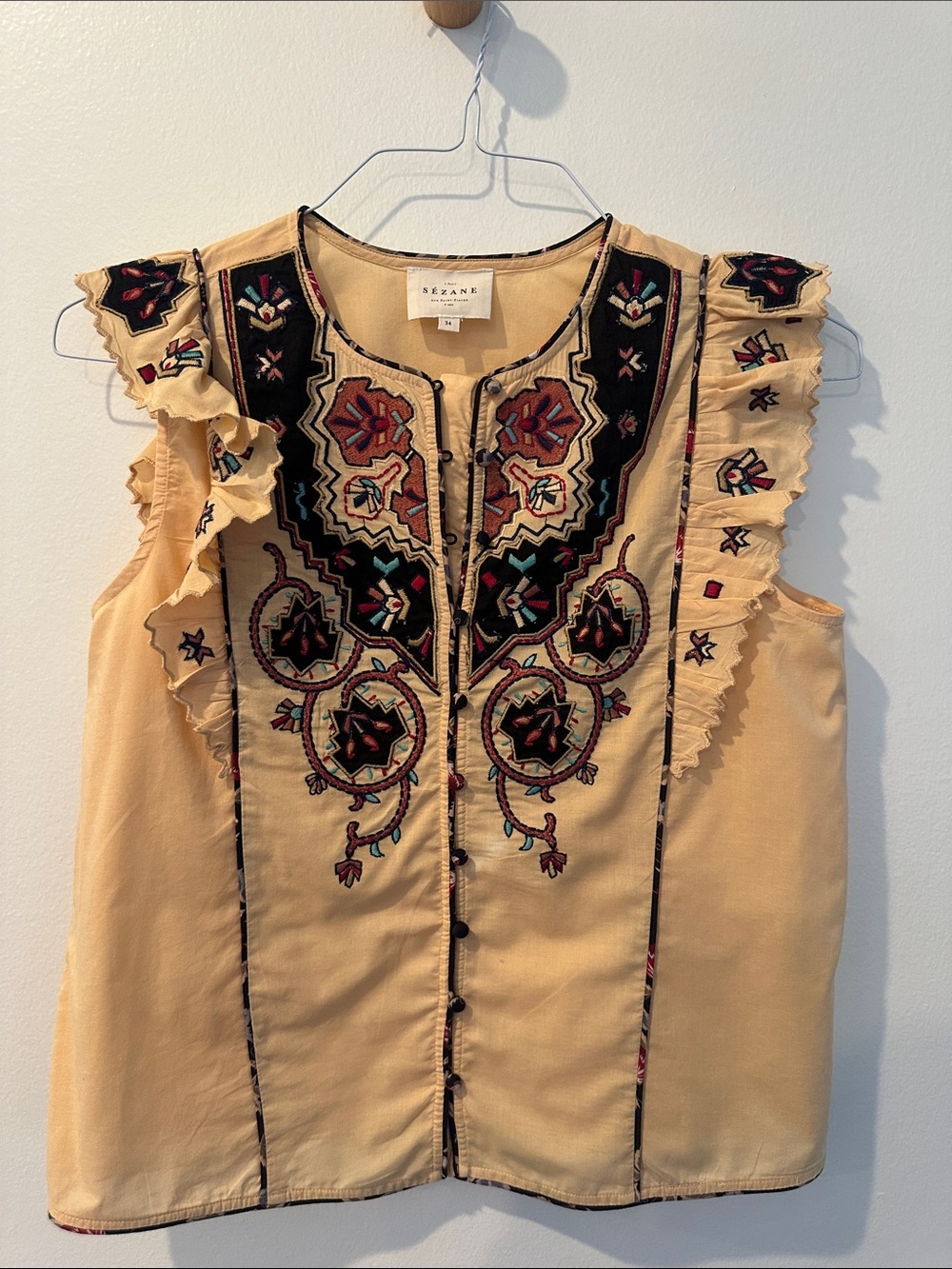 Embroidered Ruffle Sleeveless Top - Mustard